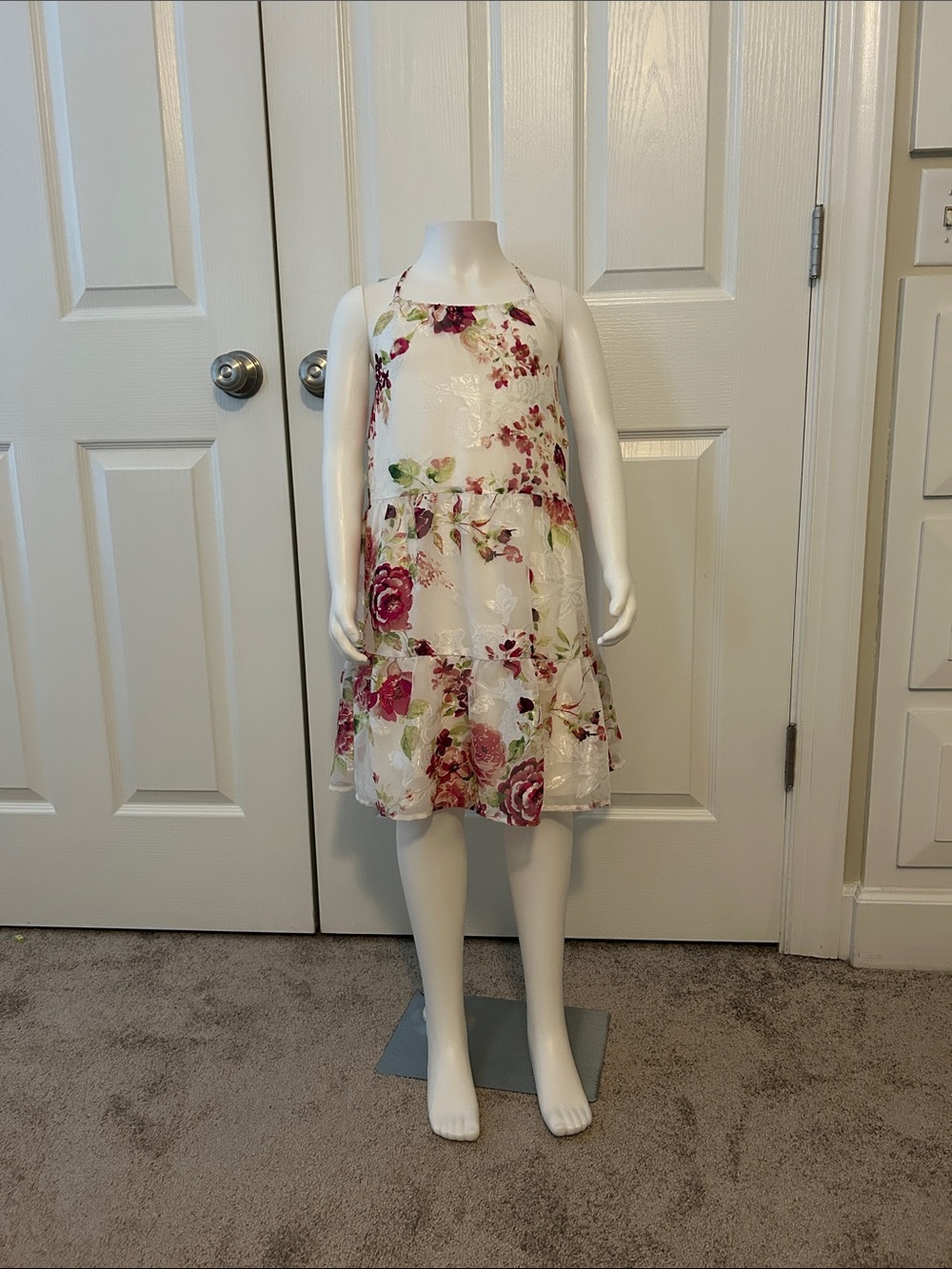 Girl’s White Floral Halter Dress with Pink Rose Print Size M